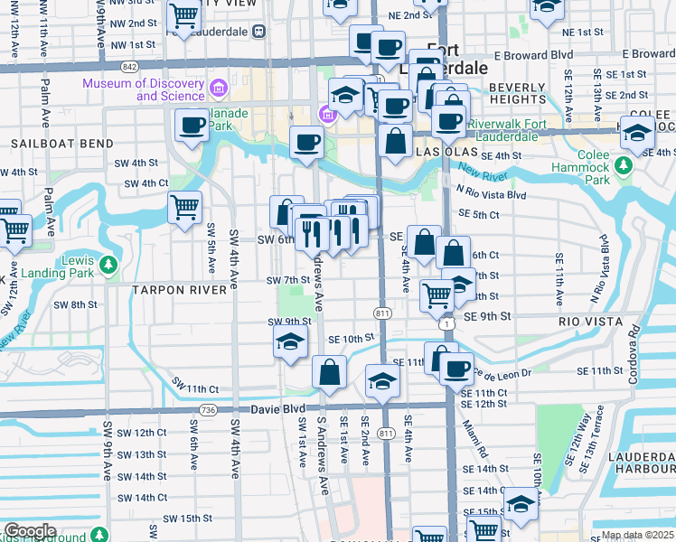 map of restaurants, bars, coffee shops, grocery stores, and more near 609 South Andrews Avenue in Fort Lauderdale