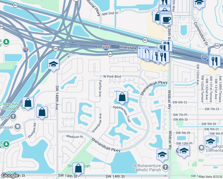 map of restaurants, bars, coffee shops, grocery stores, and more near 14150 Oak Ridge Drive in Davie