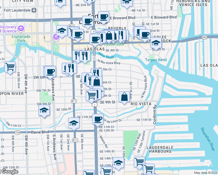 map of restaurants, bars, coffee shops, grocery stores, and more near 815 Southeast 7th Street in Fort Lauderdale