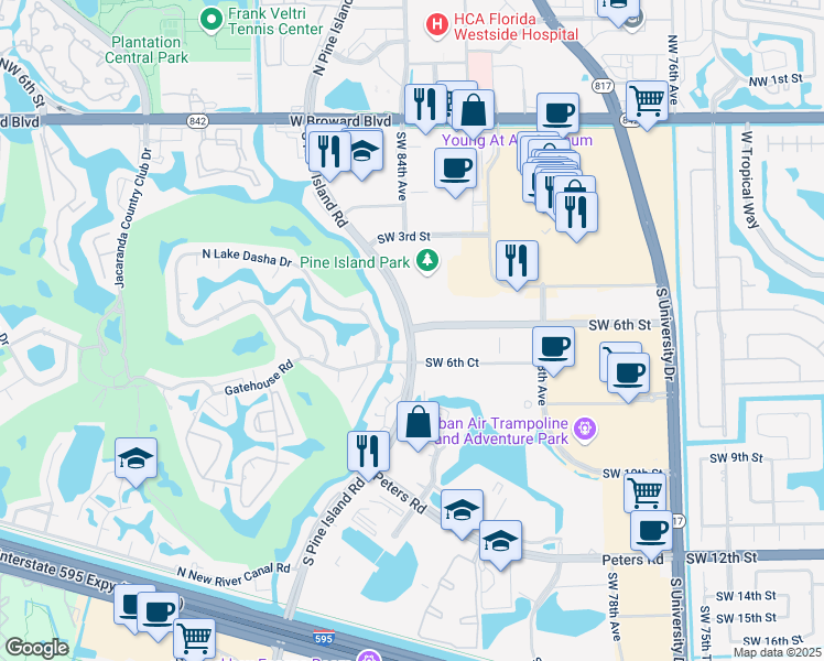map of restaurants, bars, coffee shops, grocery stores, and more near 14120 Southwest 6th Street in Plantation