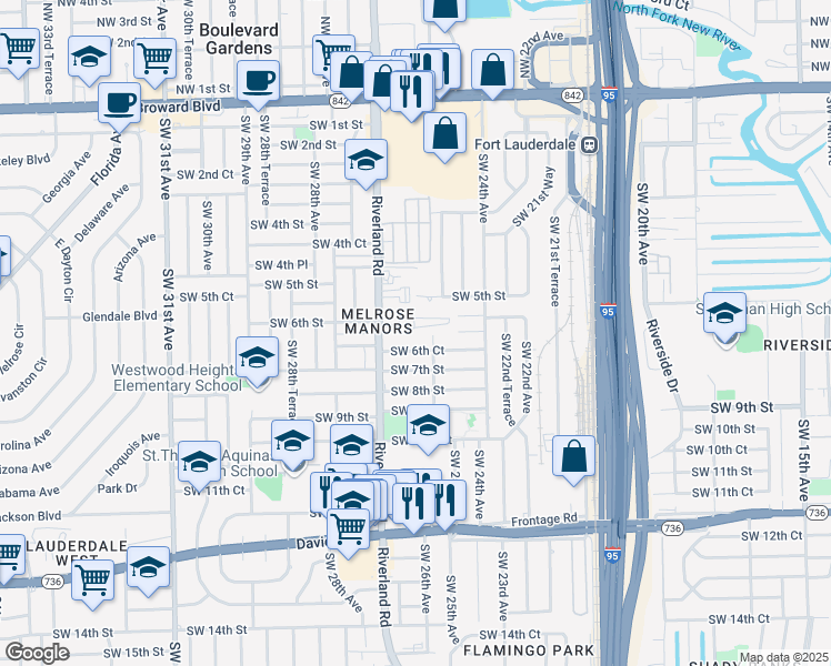 map of restaurants, bars, coffee shops, grocery stores, and more near 2640 Riverland Drive in Fort Lauderdale