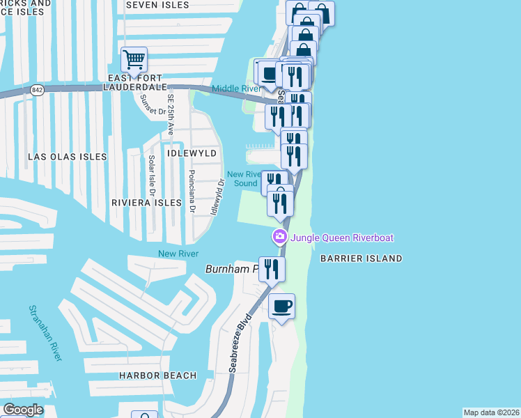map of restaurants, bars, coffee shops, grocery stores, and more near 801 South Fort Lauderdale Beach Boulevard in Fort Lauderdale
