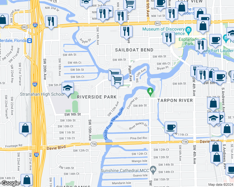 map of restaurants, bars, coffee shops, grocery stores, and more near 620 Southwest 13th Avenue in Fort Lauderdale