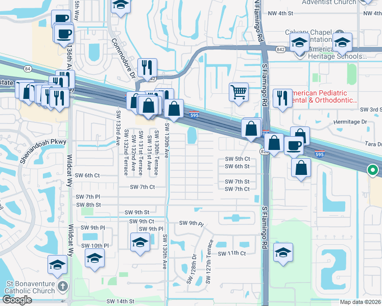 map of restaurants, bars, coffee shops, grocery stores, and more near 35 Citrus Lane in Davie