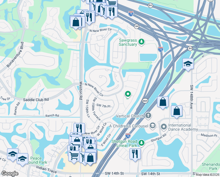 map of restaurants, bars, coffee shops, grocery stores, and more near 219 Lakeside Circle in Sunrise