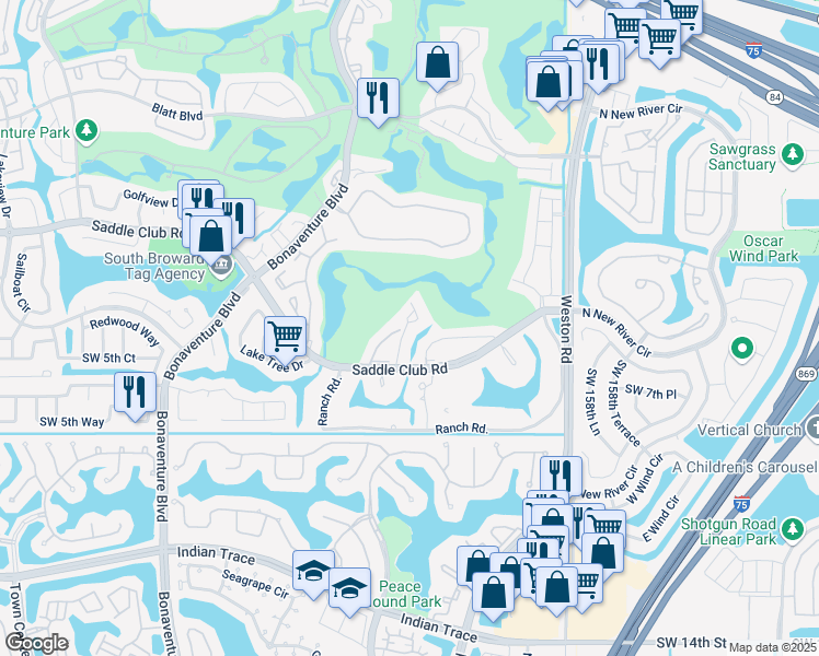 map of restaurants, bars, coffee shops, grocery stores, and more near 332 Fern Drive in Weston