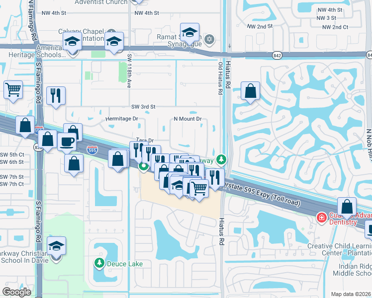 map of restaurants, bars, coffee shops, grocery stores, and more near 11439 Tara Drive in Plantation