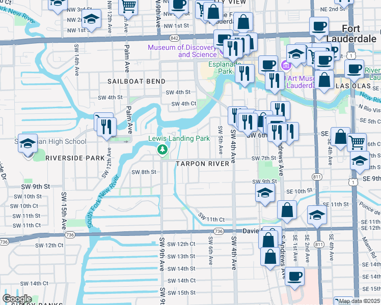 map of restaurants, bars, coffee shops, grocery stores, and more near 628 Southwest 8th Avenue in Fort Lauderdale
