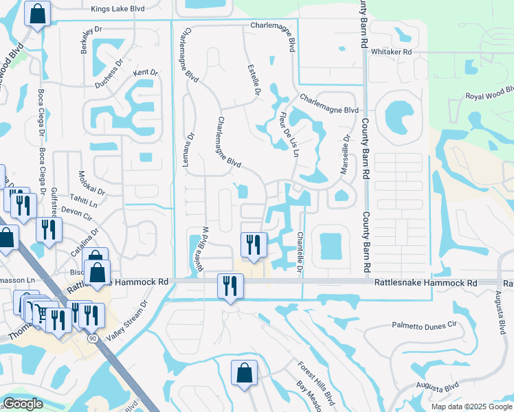 map of restaurants, bars, coffee shops, grocery stores, and more near 401 Charlemagne Boulevard in Naples