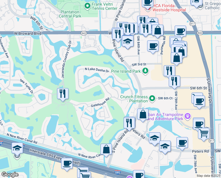 map of restaurants, bars, coffee shops, grocery stores, and more near 581 Lake Dasha Circle in Plantation