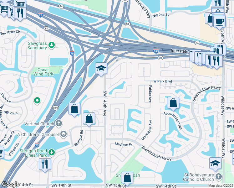 map of restaurants, bars, coffee shops, grocery stores, and more near 522 Barbri Lane in Davie