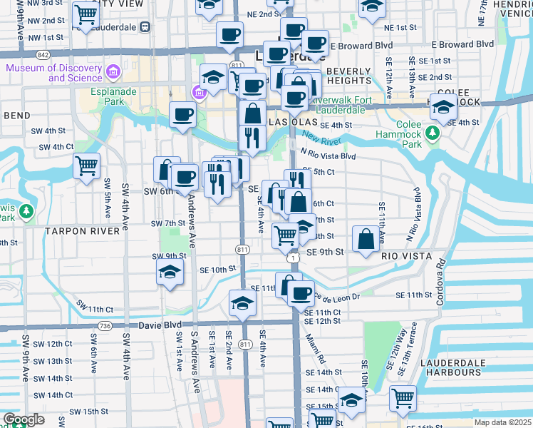 map of restaurants, bars, coffee shops, grocery stores, and more near 644 Southeast 4th Avenue in Fort Lauderdale