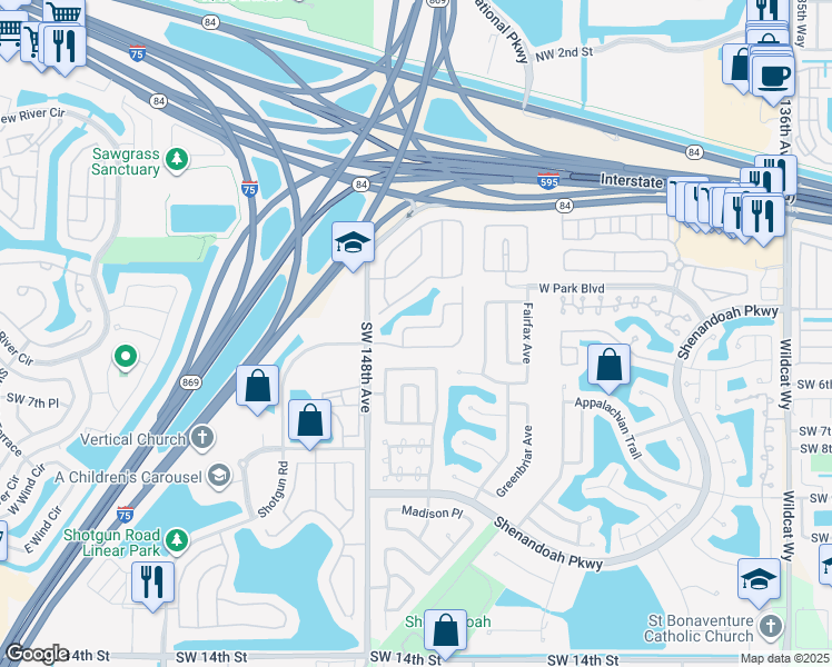 map of restaurants, bars, coffee shops, grocery stores, and more near 512 Barbri Lane in Davie