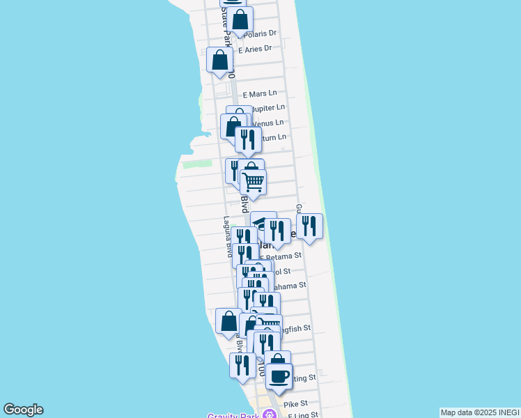 map of restaurants, bars, coffee shops, grocery stores, and more near 106A East Lantana Street in South Padre Island
