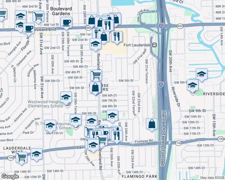 map of restaurants, bars, coffee shops, grocery stores, and more near 2640 Riverland Drive in Fort Lauderdale