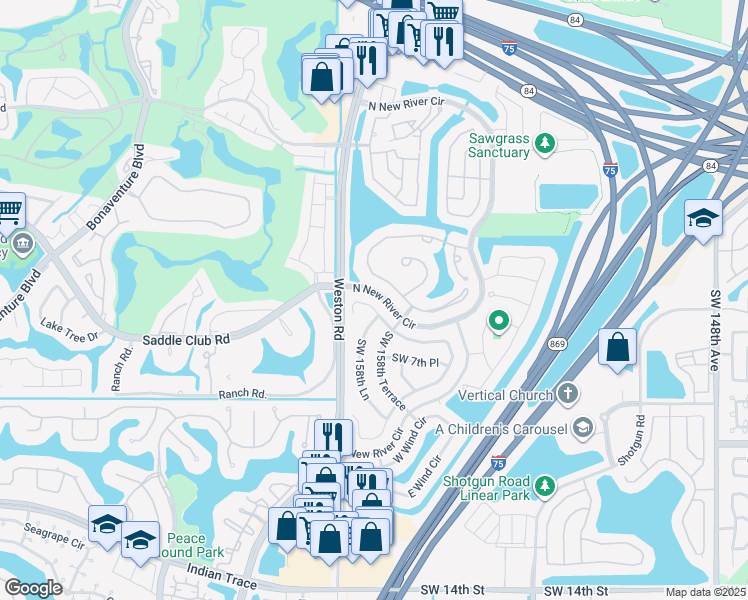 map of restaurants, bars, coffee shops, grocery stores, and more near 15901 North Wind Circle in Sunrise