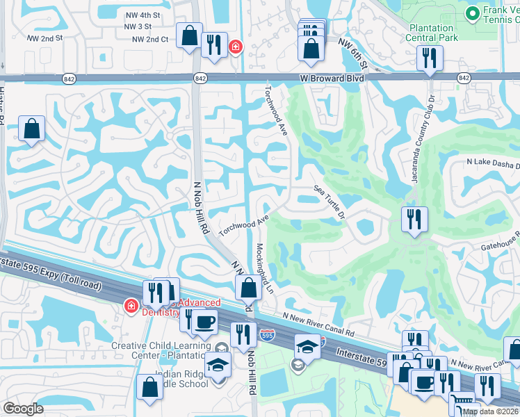 map of restaurants, bars, coffee shops, grocery stores, and more near 9884 Fairway Cove Lane in Plantation