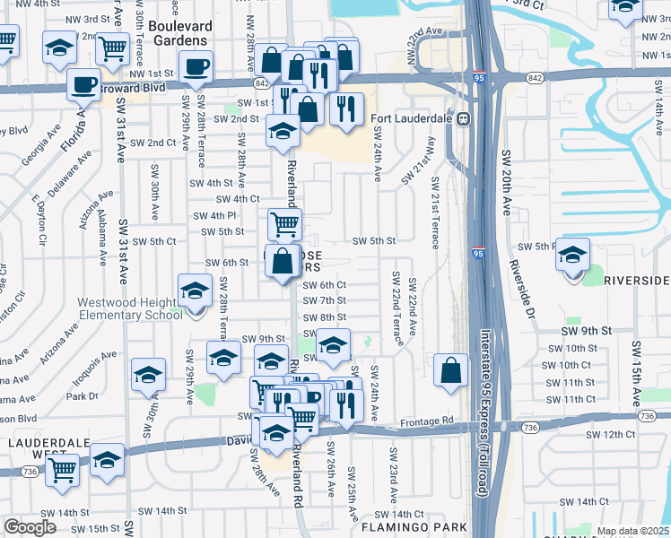 map of restaurants, bars, coffee shops, grocery stores, and more near 2640 Riverland Drive in Fort Lauderdale