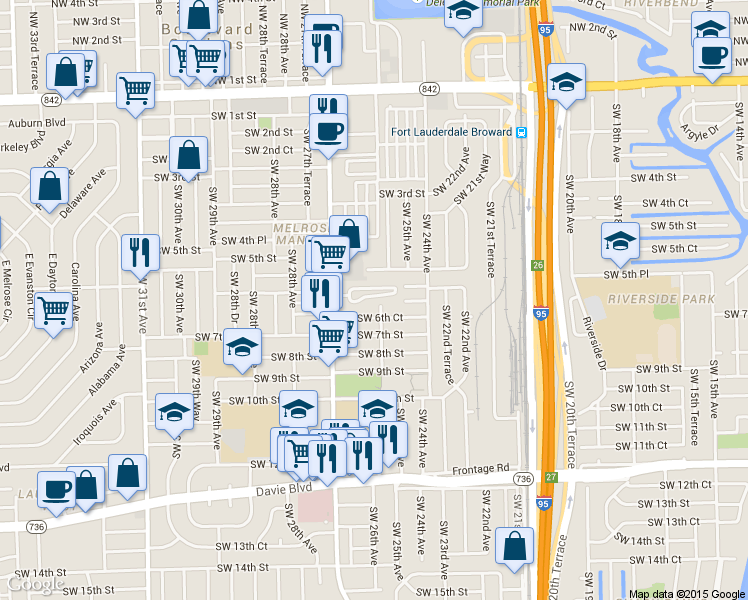 map of restaurants, bars, coffee shops, grocery stores, and more near 2640 Riverland Drive in Fort Lauderdale