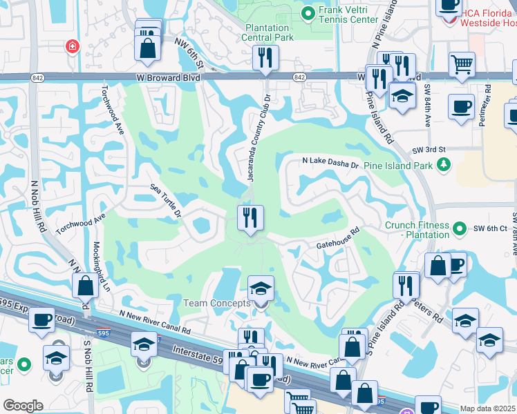 map of restaurants, bars, coffee shops, grocery stores, and more near 521 West Lake Dasha Drive in Plantation
