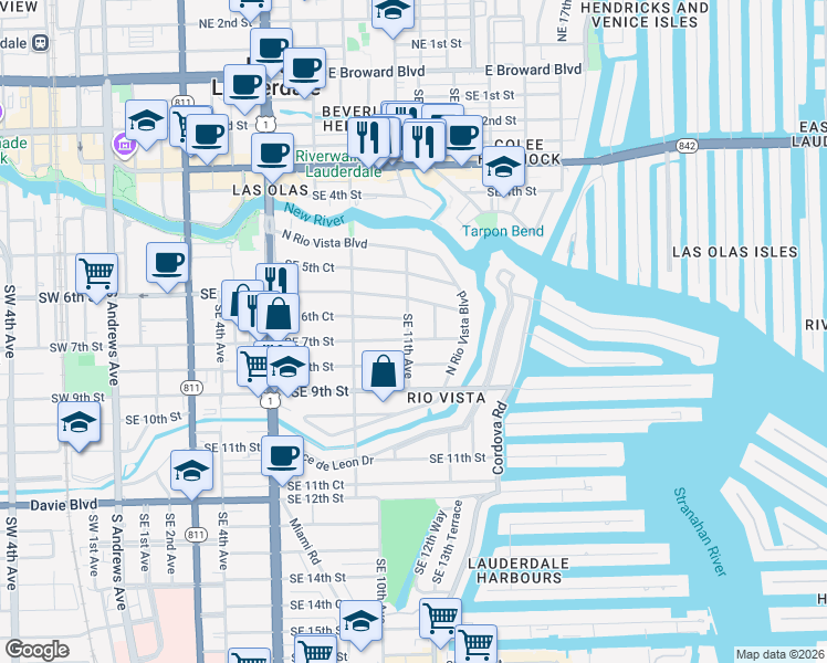 map of restaurants, bars, coffee shops, grocery stores, and more near 1101 Southeast 7th Street in Fort Lauderdale