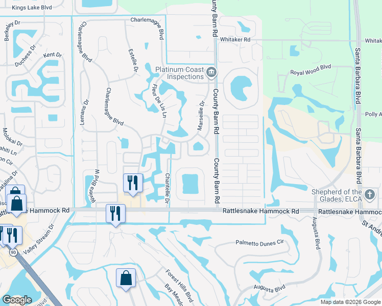 map of restaurants, bars, coffee shops, grocery stores, and more near 145 Versailles Circle in Naples