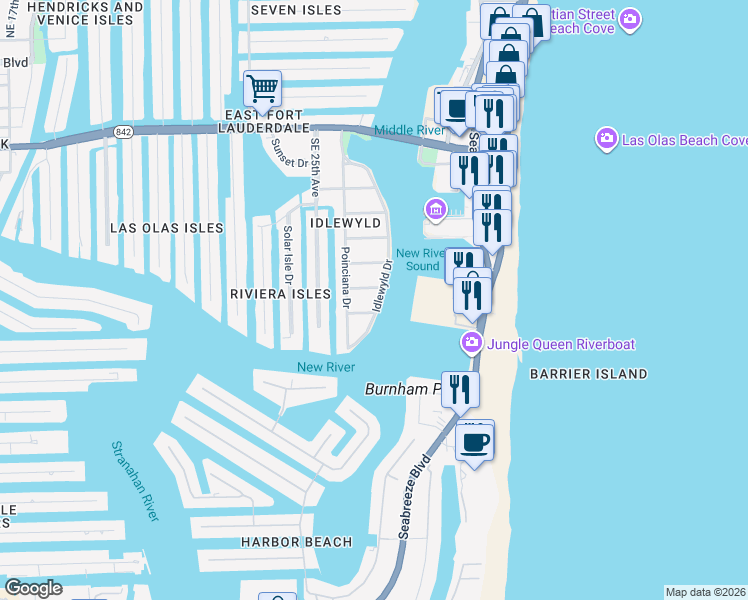 map of restaurants, bars, coffee shops, grocery stores, and more near 709 Idlewyld Drive in Fort Lauderdale