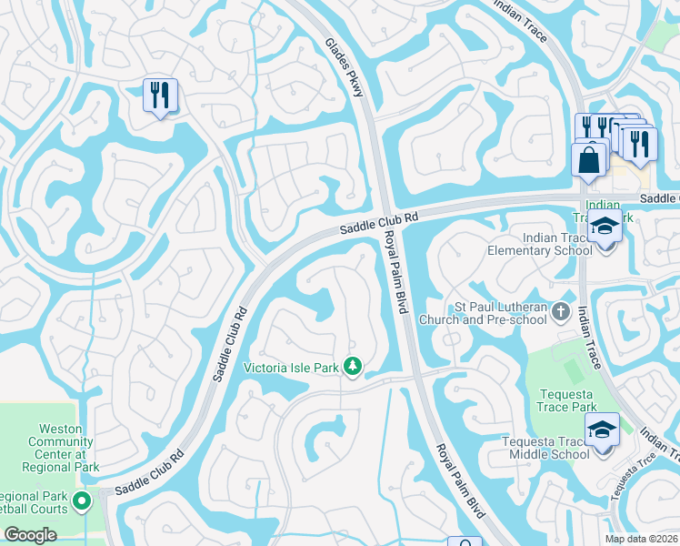 map of restaurants, bars, coffee shops, grocery stores, and more near 1397 Victoria Isle Drive in Weston