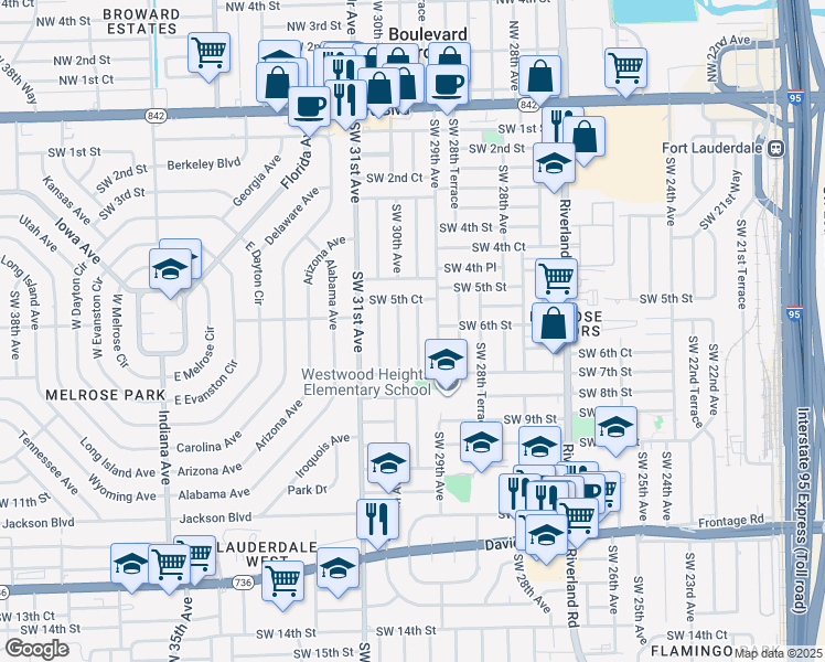 map of restaurants, bars, coffee shops, grocery stores, and more near 631 Southwest 29th Terrace in Fort Lauderdale