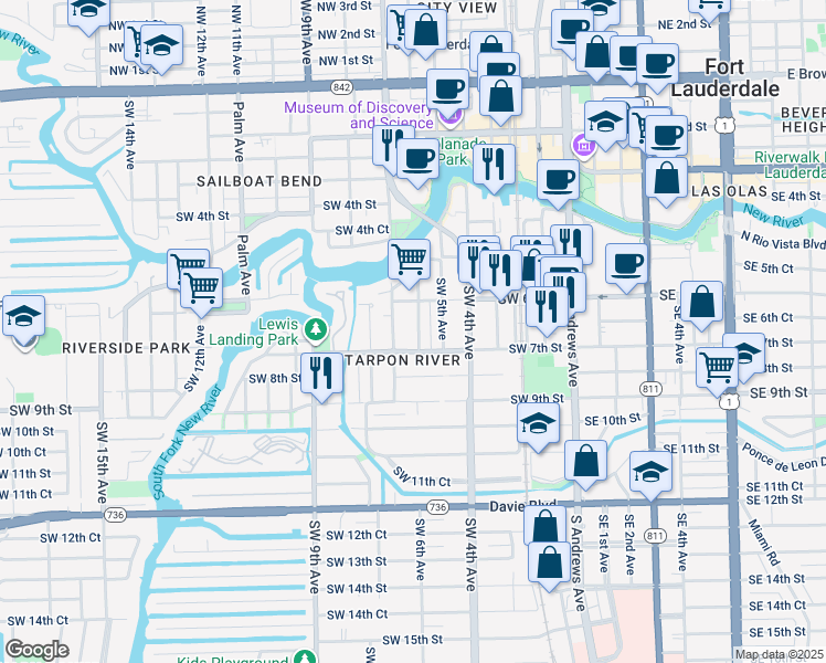 map of restaurants, bars, coffee shops, grocery stores, and more near 629 Southwest 6th Avenue in Fort Lauderdale