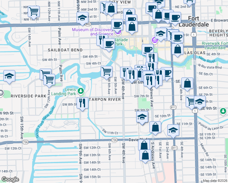map of restaurants, bars, coffee shops, grocery stores, and more near 630 Southwest 5th Avenue in Fort Lauderdale