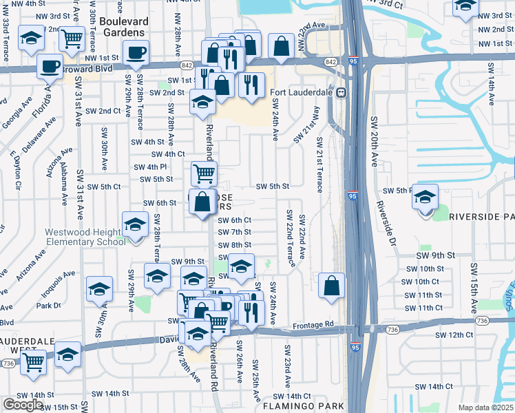 map of restaurants, bars, coffee shops, grocery stores, and more near 2511 Southwest 6th Street in Fort Lauderdale