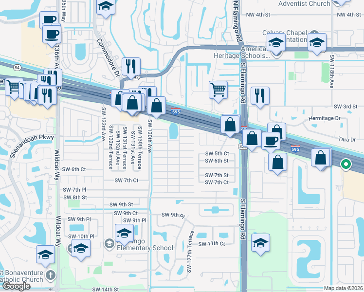 map of restaurants, bars, coffee shops, grocery stores, and more near 13 Citrus Lane in Davie