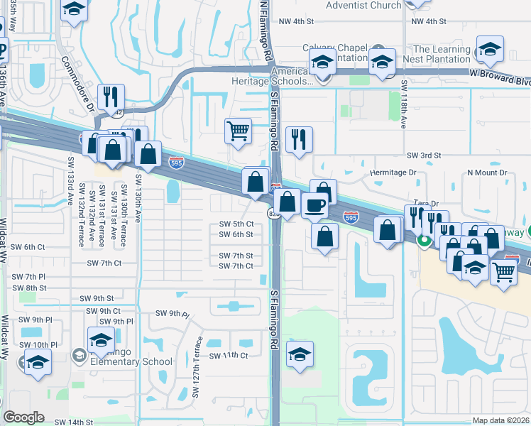 map of restaurants, bars, coffee shops, grocery stores, and more near 12406 Southwest 5th Street in Davie