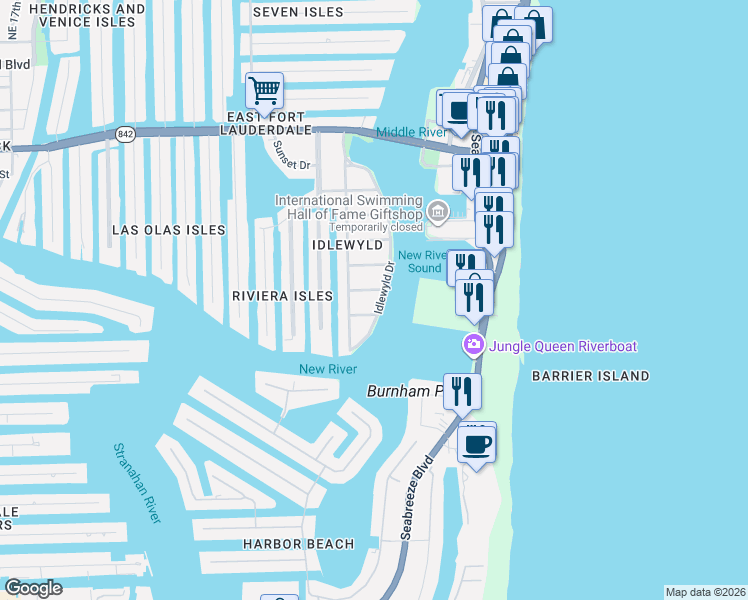 map of restaurants, bars, coffee shops, grocery stores, and more near 709 Idlewyld Drive in Fort Lauderdale