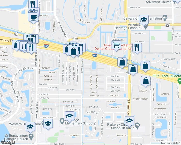 map of restaurants, bars, coffee shops, grocery stores, and more near 35 Citrus Lane in Davie