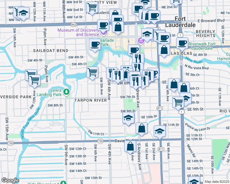 map of restaurants, bars, coffee shops, grocery stores, and more near 629 Southwest 3rd Avenue in Fort Lauderdale