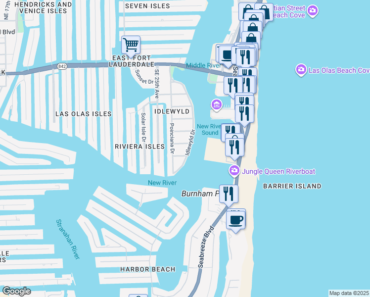 map of restaurants, bars, coffee shops, grocery stores, and more near 709 Idlewyld Drive in Fort Lauderdale