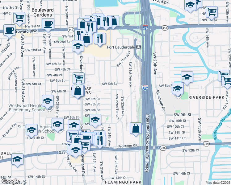 map of restaurants, bars, coffee shops, grocery stores, and more near 528 Southwest 24th Avenue in Fort Lauderdale