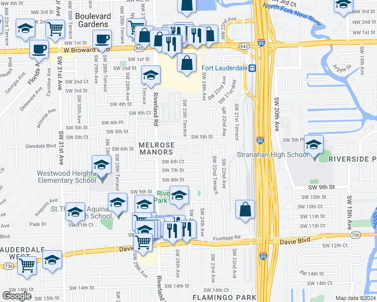 map of restaurants, bars, coffee shops, grocery stores, and more near 2511 Southwest 6th Street in Fort Lauderdale