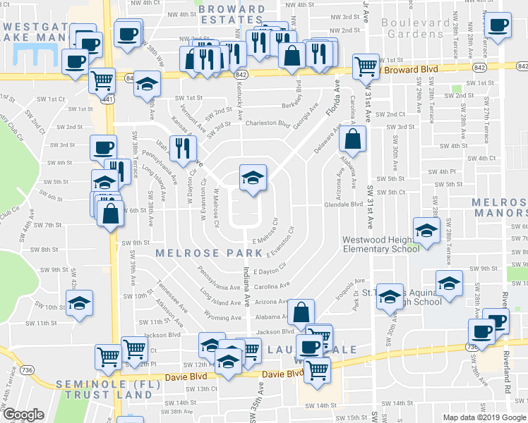 map of restaurants, bars, coffee shops, grocery stores, and more near 611 East Campus Circle in Fort Lauderdale