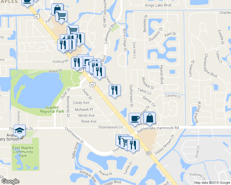 map of restaurants, bars, coffee shops, grocery stores, and more near 3600 Boca Ciega Drive in Naples