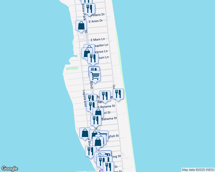 map of restaurants, bars, coffee shops, grocery stores, and more near 122 East Lantana Street in South Padre Island