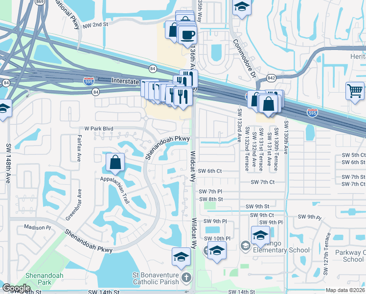 map of restaurants, bars, coffee shops, grocery stores, and more near 13641 Newport Manor in Davie