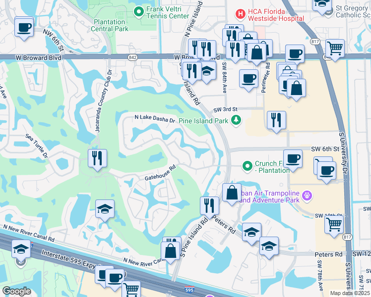 map of restaurants, bars, coffee shops, grocery stores, and more near 581 Lake Dasha Circle in Plantation