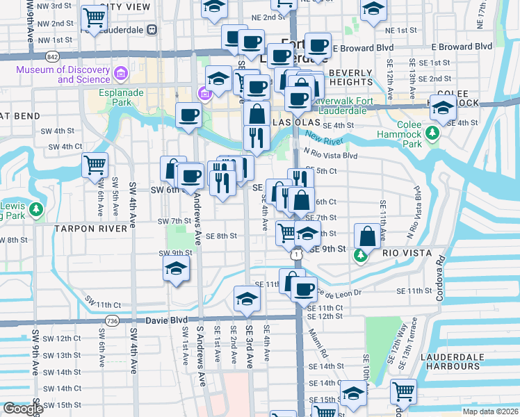 map of restaurants, bars, coffee shops, grocery stores, and more near 644 Southeast 4th Avenue in Fort Lauderdale