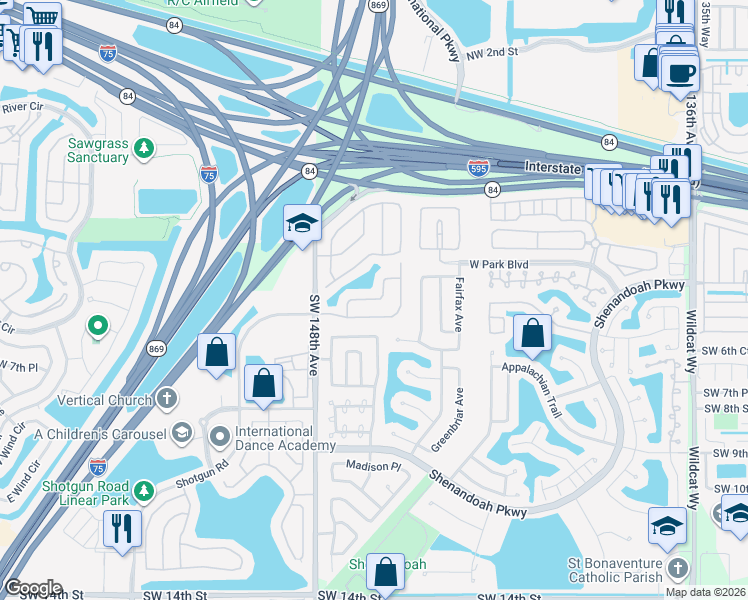 map of restaurants, bars, coffee shops, grocery stores, and more near 512 Barbri Lane in Davie