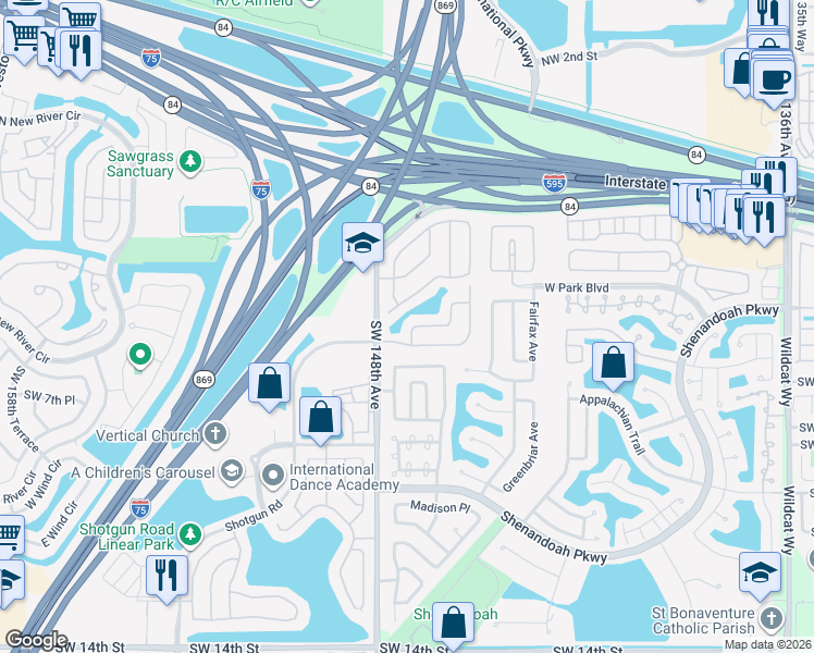 map of restaurants, bars, coffee shops, grocery stores, and more near 512 Barbri Lane in Davie