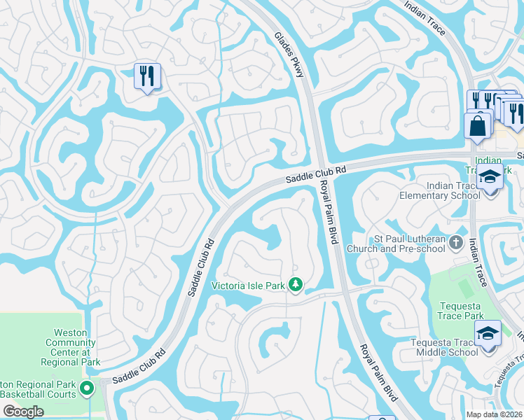 map of restaurants, bars, coffee shops, grocery stores, and more near 1360 Victoria Isle Drive in Weston