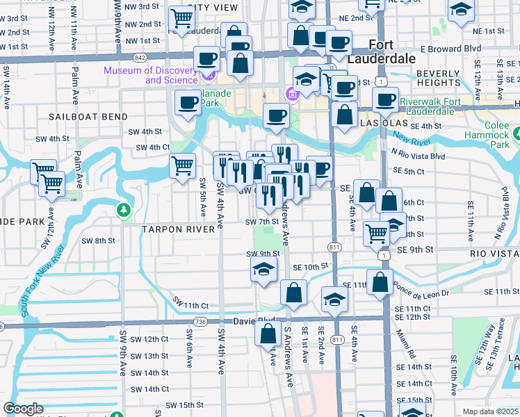 map of restaurants, bars, coffee shops, grocery stores, and more near 626 Southwest Flagler Avenue in Fort Lauderdale